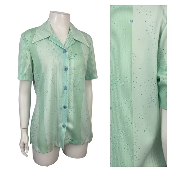 1970s Sea Foam Green Stripe Button Up Smock Blouse Shirt / Women’s Large - Picture 1 of 4
